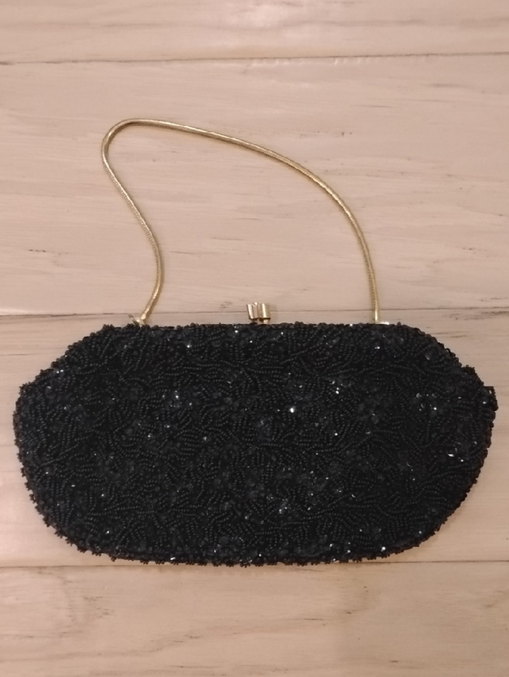 Vintage Hand Made Black Beaded Evening Clutch with Gold Chain Strap